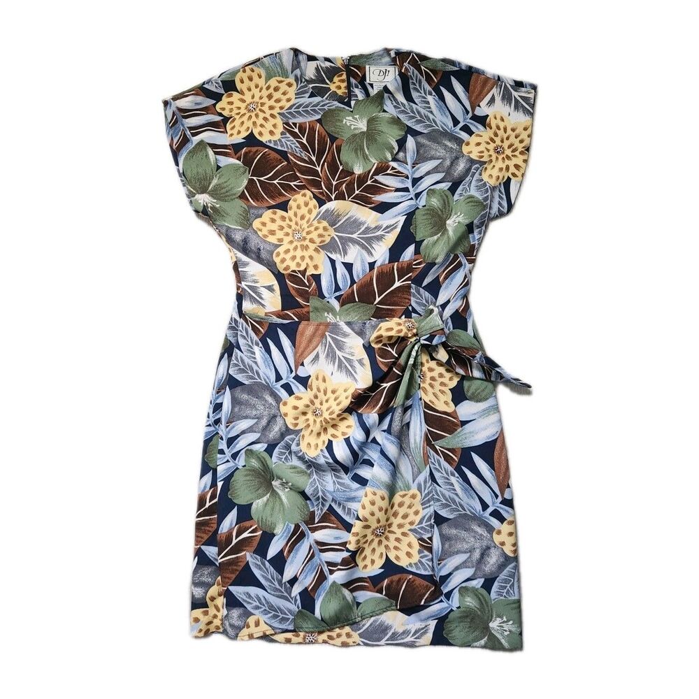 VTG DJI Floral Sheath Dress Women 6 Blue Yellow Tropical Tie Waist Short Sleeve